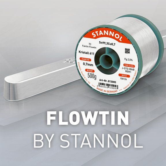 Lötdrahtspule und Lotbarren von Stannol mit Logo und Schriftzug "FLOWTIN BY STANNOL".