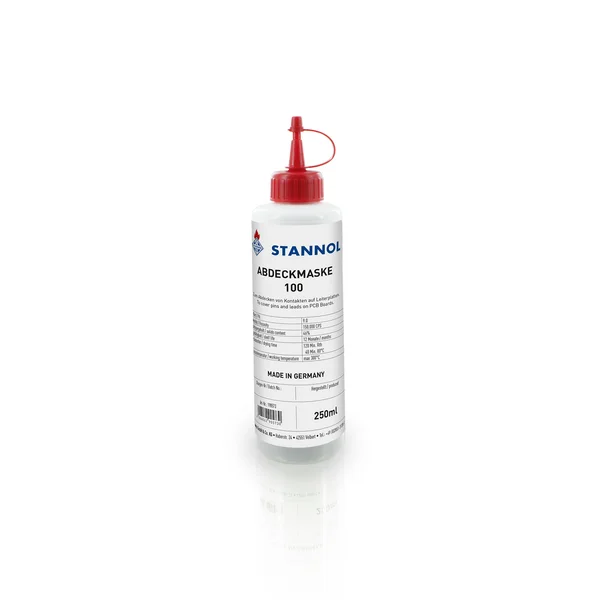 Auf dem Bild ist eine weiße Flasche mit rotem Verschluss zu sehen. Das Labelzeigt die Produktspezifikationen sowie das Stannol-Logo.
