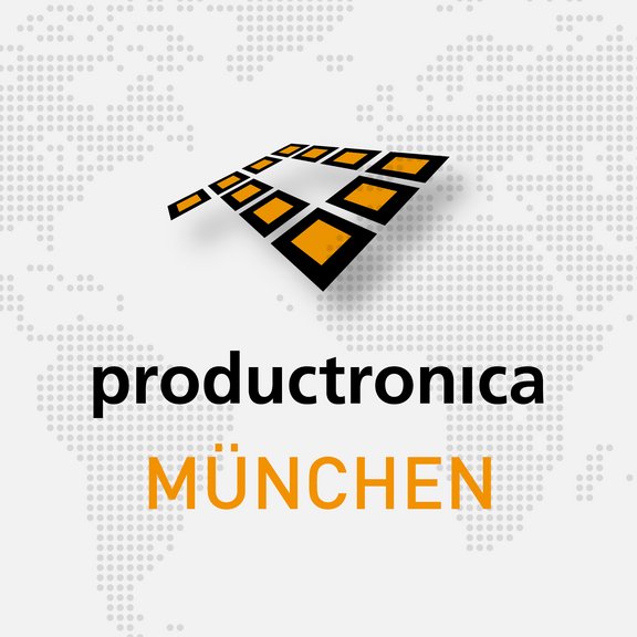 The picture shows the trade fair's yellow and black logo. Below it is the productronica Munich logo. 