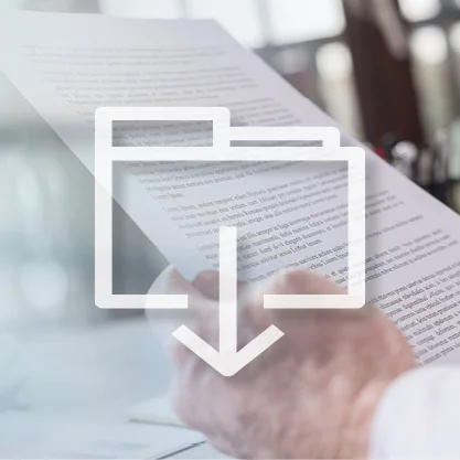 The picture shows a hand holding a document. A download icon is placed above it.