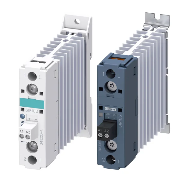 Two Siemens switchgear units side by side, in white and dark grey.