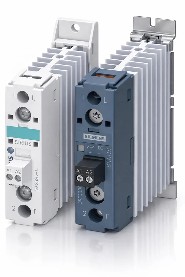 Zwei elektrische Schaltgeräte von Siemens mit Kühlkörpern, nebeneinander stehend.