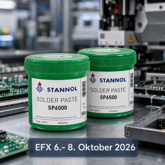 Zwei grüne Lötpaste-Dosen von Stannol in einer Fabrikumgebung.