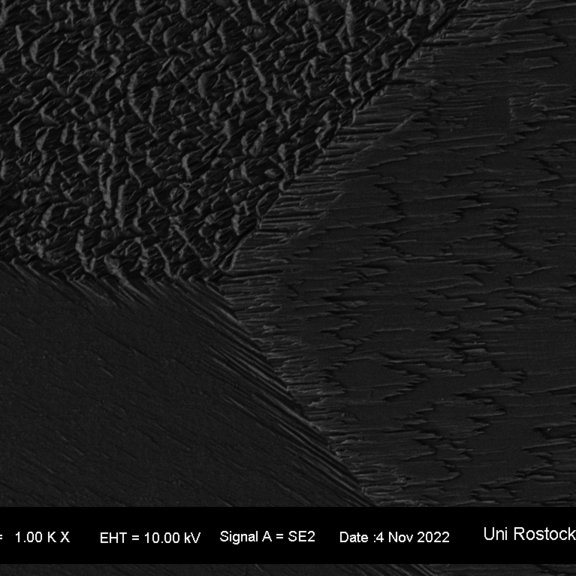 SEM image of secondary tin at 1,000x magnification: the crystals and grain boundaries could be visualised well in the scanning electron microscope (SEM).