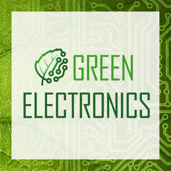 The picture shows the Green Electronics logo: Rectangular, designed in different shades of green. In the centre is Green Electronics, next to it is a leaf, half of which looks like the surface of a printed circuit board. The background is also half leaf structure, half circuit board structure.