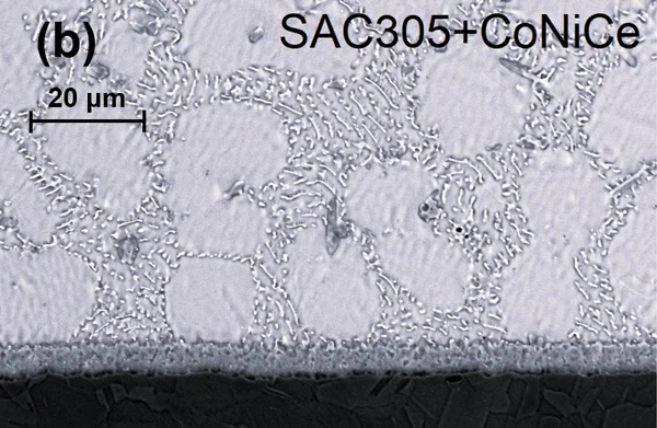 Mikroskopische Aufnahme einer Legierung mit kristallinen Strukturen; Maßstab 20 µm.