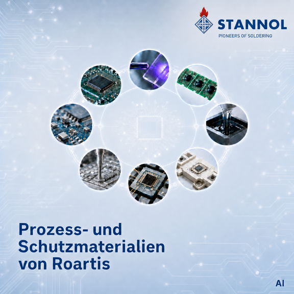Kreis aus Elektronikkomponenten mit Text: "Prozess- und Schutzmaterialien von Roartis".