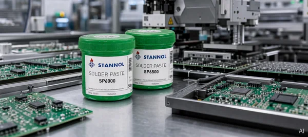 Zwei Stannol-Lotpasten-Dosen auf einem Tisch mit Leiterplatten und Maschinen im Hintergrund.