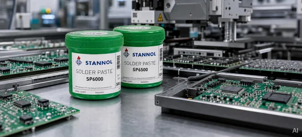 Tins of Stannol solder paste with printed circuit boards in a production facility.