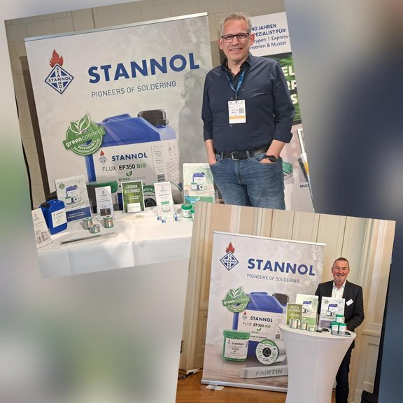 Messeauftritt mit Stannol-Stand, zwei Männer präsentieren Lötprodukte.