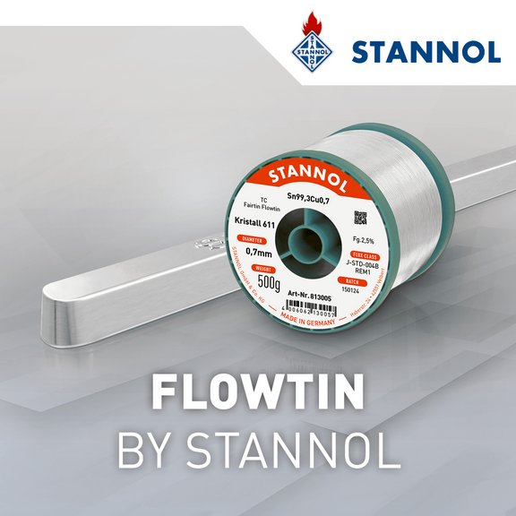 Spule Lötzinn und Lotbarren von Stannol, Label "FLOWTIN" und Firmenlogo.