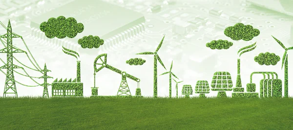 Die Grafik zeigt eine symbolische Darstellung von Industrie- und Energiesystemen, die aus grünen Pflanzenstrukturen geformt sind, um Nachhaltigkeit und Umweltschutz zu repräsentieren. In der unteren Hälfte befindet sich eine grüne Wiese, die die Basis für die Symbole bildet. Zu sehen sind: Industriegebäude mit Schornsteinen, die Rauchfahnen in Form von grünen Blättern ausstoßen. Windturbinen, die erneuerbare Energie symbolisieren. Ölpumpen und Energieanlagen, die auf fossile Brennstoffe hinweisen, jedoch durch die grüne Gestaltung nachhaltige Ansätze andeuten. Stromleitungen und Solarpanels, die für moderne und umweltfreundliche Technologien stehen. Wolken, die ebenfalls aus grünem Blattmaterial bestehen, was auf eine saubere und ökologische Atmosphäre hindeutet. Im Hintergrund sind schemenhaft technische Schaltkreise zu erkennen, die den Bezug zur modernen Technologie und Digitalisierung herstellen. Die gesamte Komposition symbolisiert eine Verbindung zwischen Industrie, Technologie und nachhaltiger Entwicklung.
