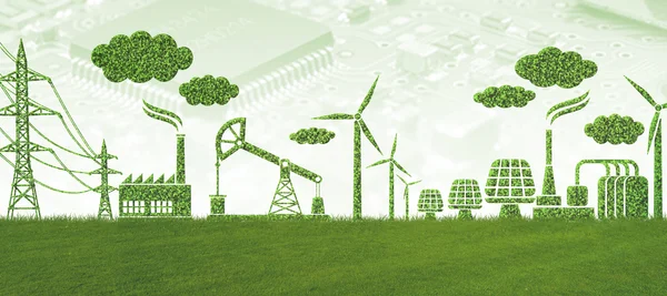 The graphic depicts a symbolic representation of industrial and energy systems formed from green plant structures to represent sustainability and environmental protection. In the lower part, there is a green meadow serving as the foundation for the symbols. The following elements are visible: Industrial buildings with chimneys emitting smoke trails shaped like green leaves. Wind turbines, symbolizing renewable energy. Oil pumps and energy facilities, indicating fossil fuels but designed in green to suggest sustainable approaches. Power lines and solar panels, representing modern and environmentally friendly technologies. Clouds, also made of green plant material, symbolizing a clean and ecological atmosphere. In the background, faint outlines of technical circuit boards can be seen, establishing a connection to modern technology and digitalization. The entire composition symbolizes a link between industry, technology, and sustainable development.