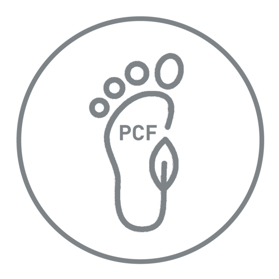 Das Bild zeigt einen stilisierten Fuß mit einem Blatt an der Seite und dem Schriftzug PCF in der Mitte. 