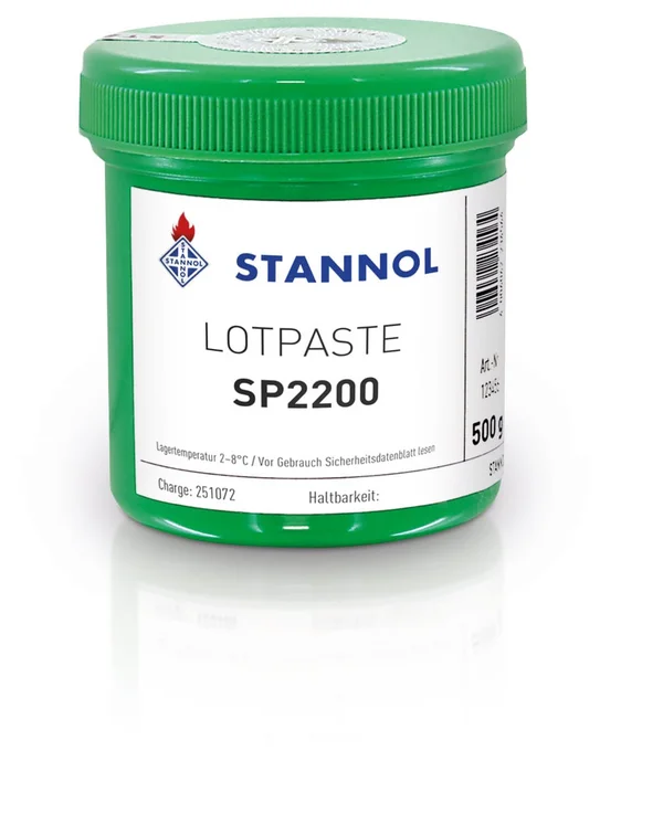 Auf dem Bild ist die Lotpaste SP2200 von Stannol zu sehen: Eine grüne Dose mit weißem Label und Stannol-Logo.