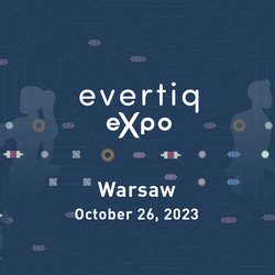 Auf dem Bild ist das Logo der Evertiq Expo Warschau zu sehen - dunkelblau mit weißer Schrift. Zu klesen ist: evertiq expo, Warsaw, October 26, 2023