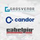 Logos von Grosvenor, Candor und Cabelpiù auf Tech-Hintergrund.