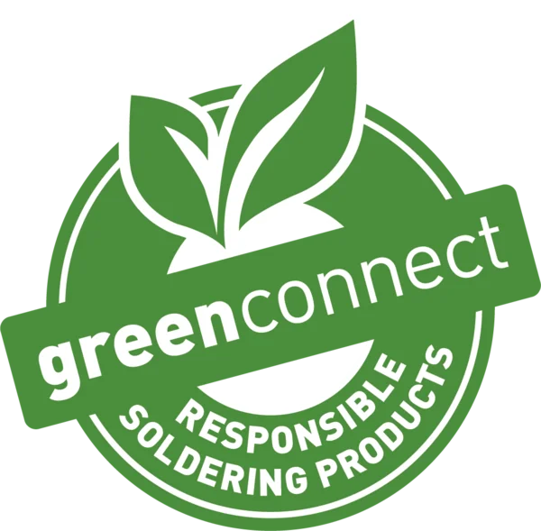 The picture shows the greenconnect logo: a green circle with leaves and the words greenconnect - responsible soldering products.