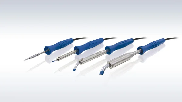 The picture shows four different soldering irons with a blue handle.