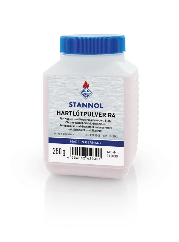 Auf dem Bild ist eine Kuststoffdose mit Hartlötpulver R4 von Stannol zu sehen. Die Dose hat einen blauen Deckel und ein blau-graues Etikett mit dem Stannol-Logo.
