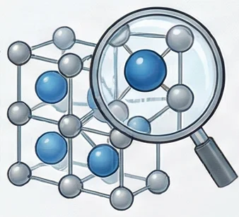 Grafik eines Kristallgitters mit Lupe, die Details vergrößert.