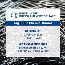 Auf dem Bild sind die Daten für die Reise in die Kreislaufwirtschaft zu sehen. Tag 3, Die Chemie stimmt, Datum/Zeit 4. Februar 2025, 10.00 bis 14.00 Uhr, Veranstaltungsort Stannol Gmbh & Co. KG Haberstraße 24, 42551 Velbert, Im Hintergrund sind aufgerollte Lötdrähte zu sehen.
