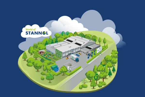 Die Grafik zeigt eine stilisierte Darstellung des Firmengebäudes der "World of Stannol" in einer grünen, naturnahen Umgebung. Beschreibung: • Gebäude: Modernes, graues Gebäude mit Solarmodulen auf dem Dach und einer grünen Pflanzenfassade. • Umgebung: Viele Bäume, ein kleiner Garten und gepflegte Grünflächen. • Fahrzeuge: Umweltfreundliche Fahrzeuge mit Recycling-Symbolen vor dem Gebäude. • Details: Fahnen und Logos betonen die Marke und Nachhaltigkeit. • Logo und Himmel: Stannol-Logo in einer Wolke, blauer Himmel mit Wolken. Die Illustration vermittelt ein umweltbewusstes und nachhaltiges Unternehmensbild.
