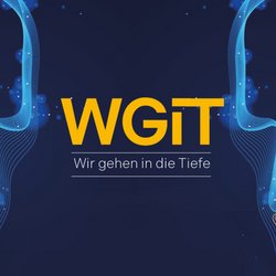Auf dem Bild ist das Veranstaltungslogo zu sehen: Der orangefarbene Schriftzug WGiT auf blauem Grund.