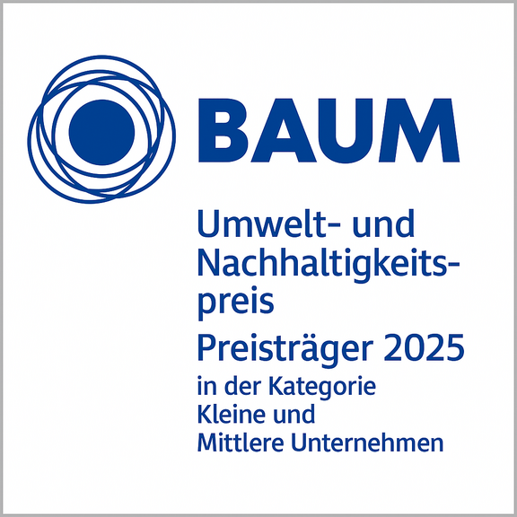BAUM logo with the 2025 Environment and Sustainability Award for SMEs.