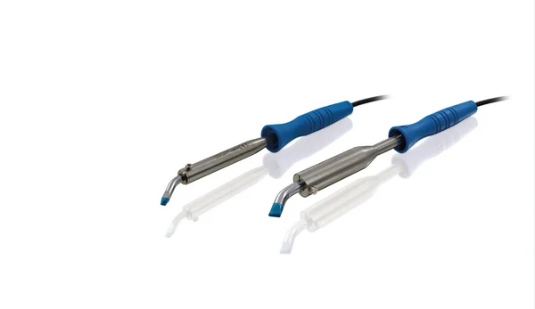 The picture shows two soldering irons with a blue handle.