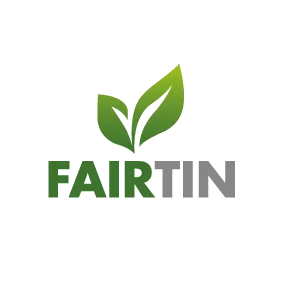 The picture shows the Fairtin logo: The Fairtin lettering in shades of green and grey and two stylised green leaves.
