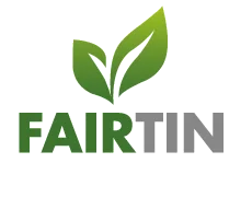 The picture shows the Fairtin logo: The Fairtin lettering in shades of green and grey and two stylised green leaves.