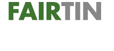 The picture shows the Fairtin logo: The Fairtin lettering in shades of green and grey and two stylised green leaves.