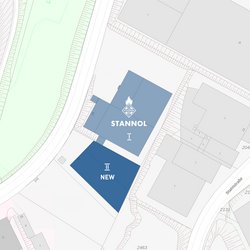 Auf dem Bild sieht man einen geografischen Lageplan, auf dem zwei Hallen eingezeichnet sind: Stannol I und New II.
