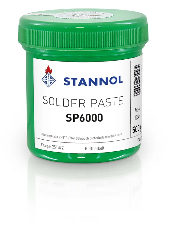 The picture shows the solder paste SP6000 from Stannol: A green can with a white label and Stannol logo.