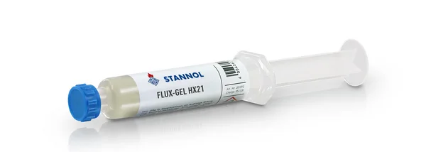 The picture shows the Flux-Gel HX21 from Stannol - a white syringe with a white label and blue cap.