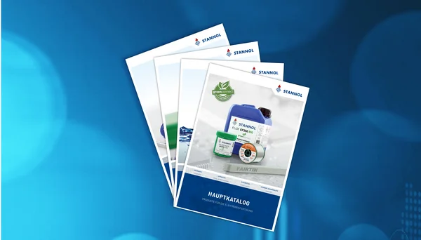 The picture shows the four Stannol catalogues against a blue background.