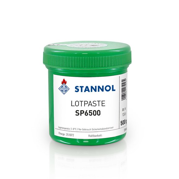 Grüner Behälter mit Lotpaste SP6500 von Stannol, 500g.