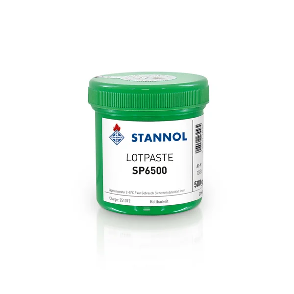 Green container with Stannol solder paste SP6500, 500g.