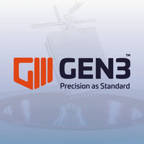 The picture shows the light grey-blue-red logo of Gen3 Systems: a stylised red G with three red lines and the lettering Gen3: Precision as Standard.