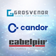 Drei Logos: Grosvenor, Candor und Cabelpiù Electronics auf blauem, technologischen Hintergrund.
