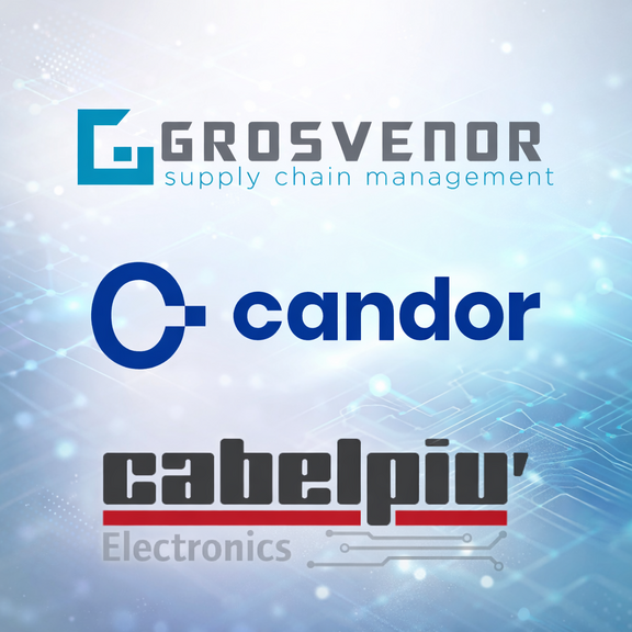 Drei Logos: Grosvenor, Candor und Cabelpiù Electronics auf blauem, technologischen Hintergrund.