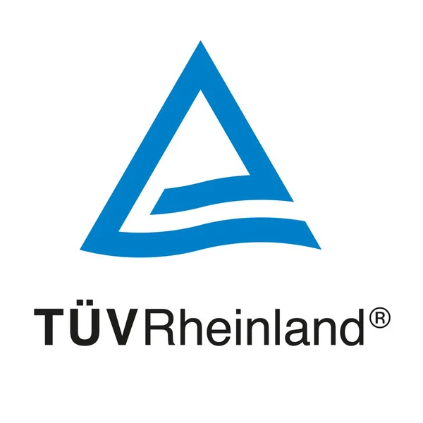 The picture shows the Tüv Rheinland logo. A blue triangle with the lower horizontal line shaped like a kind of wave.