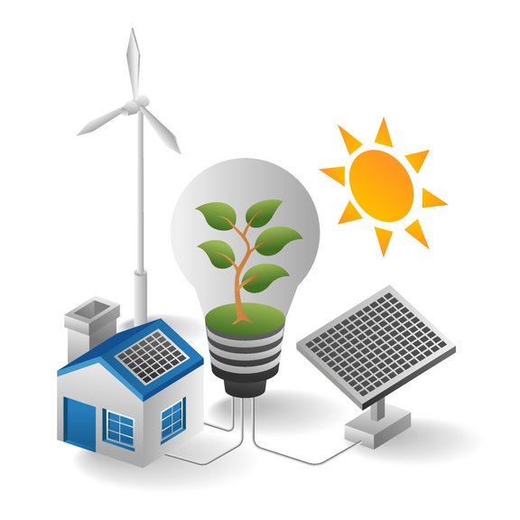 Auf dem Bild sind eine stilisierte Glühbirne, ein Haus, eine Sonne, ein Windrad und ein Solar-Panel zu sehen. 