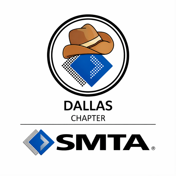 Kreislogo mit Cowboyhut, blauer Pfeil; Text: "Dallas Chapter SMTA".