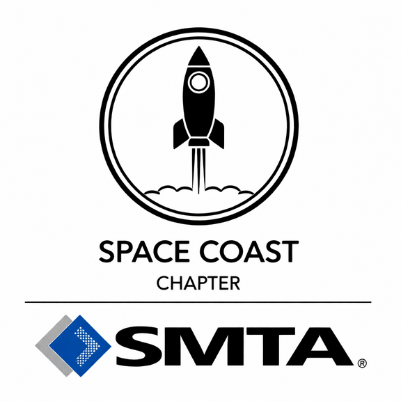 Logo mit Rakete, Kreis, "Space Coast Chapter" und "SMTA" Text darunter.