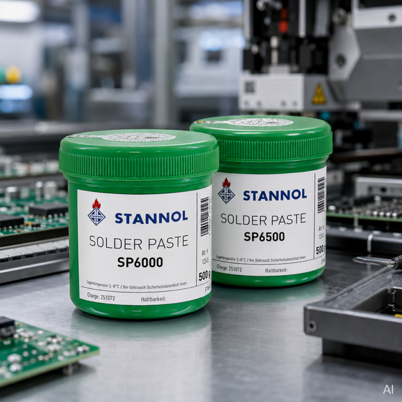 Zwei grüne Dosen Lotpaste auf einem Tisch neben Elektronik-Komponenten.