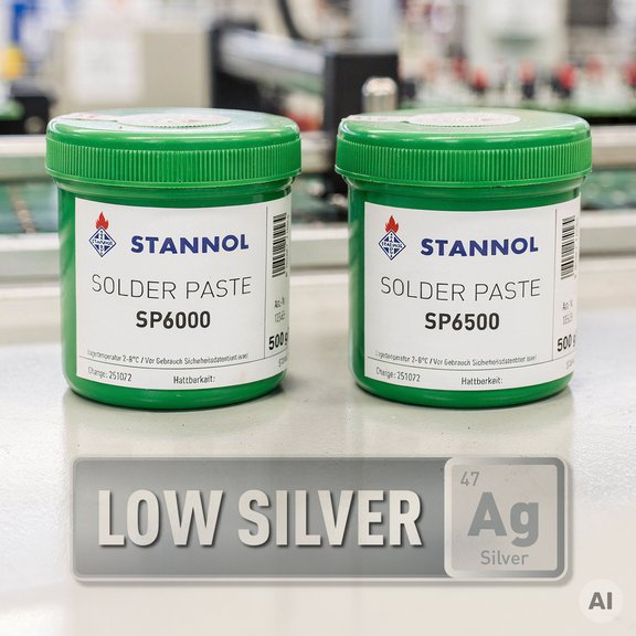 Zwei grüne Dosen Lötpaste vor unscharfem Hintergrund, Aufschrift "LOW SILVER".