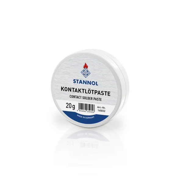 Auf dem Bild ist eine kleine, metallene Dose mit grau-blauem Label zu sehen. Auf dem Label steht Stannol Kontaktlötpaste.