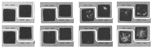 Vier Paare von dunklen Rahmen mit helleren Mustern, scheinbar wissenschaftliche Proben.